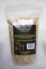 A resealable clear plastic pouch with a black, red and yellow label containing 500 grams of Jonathan's Spices